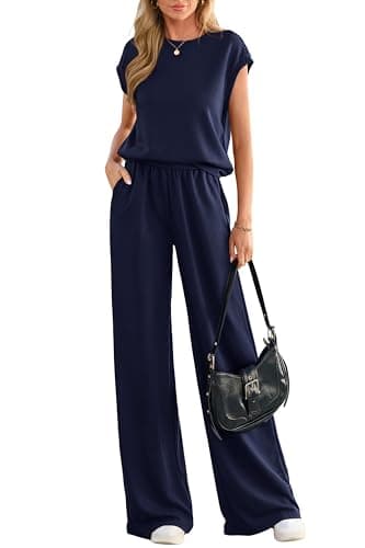PRETTYGARDEN Women's Summer 2 Piece Lounge Sets 2026 Cap Sleeve Tops Wide Leg Pants Workout Sets Loose Casual Tracksuit(Navy Blue,Large) - Image 1