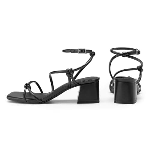 Athlefit Black Chunky Heels for Women Summer Ankle Strap Block Heels Sandals Sexy Open Square Toe Strappy Heels for Dancing Prom Dress Party Office 6 - Thumbnail 4