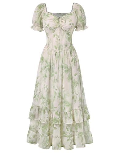 Scarlet Darkness Women Floral Cottagecore Dress Puff Sleeve Maxi Ruffled Corset Dress Sage Green Bloom S - Image 1