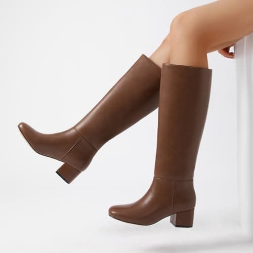 Athlefit Knee High Boots Women Chunky Block Heel Tall Boots Square Toe Fashion Slip On Tan Booties Size 6.5 - Thumbnail 2