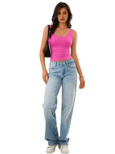 GKBK Camisole Tank Tops for Women Summer Casual Basic Tops Sleeveless Lace Tank Tops Cute V Neck Wide Strap Soft Ribbed Lace Trim Cami Undershirt Spring Clothes 2026 Summer Fashion Outfits Hot Pink - Thumbnail 6