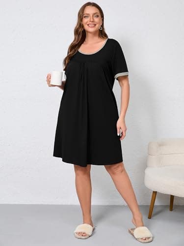 AusLook Plus Size Women's Nightgown 4X Black Short Sleeve Sleep Dress Sleepwear Soft Sleepshirts Pleated Scoopneck Nightshirt Sleep shirts with Pockets - Thumbnail 5