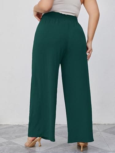 AusLook Plus Size Wide Leg Pants for Women High Waist Elastic Drawstring Palazzo Casual Lounge Beach Travel Vacation Resort Peacock Green 2X Pants with Pockets Flowy Summer Comfy Outfit - Thumbnail 2