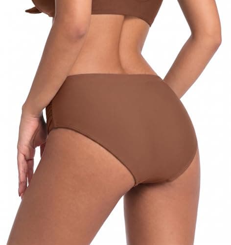 COCOPEAR Mid Rise Bathing Suit Bottoms for Women Ruched Tummy Control Swim Bottoms Full Coverage Bikini Bottoms for Women Dark Brown M - Thumbnail 5