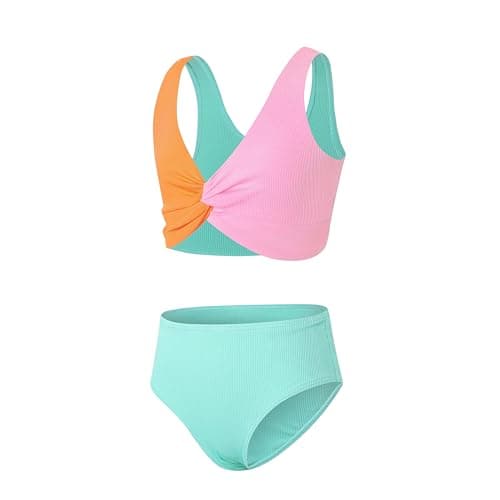 J·E Sterguard Girls Two Piece Swimsuits Teen Bikini Color Block Girls' Swimwear Ribbed Bikini Criss Cross Kids Swimsuits Size 9 1287-G - Thumbnail 3
