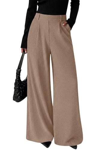 BTFBM Wide Leg Pants for Women Dressy Work Business Casual Elastic High Waisted Trousers Ribbed Lounge Palazzo Pants(Khaki, Large) - Image 1