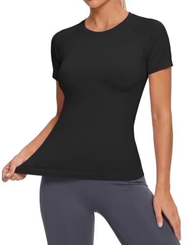 beautyin Seamless Workout Tops for Women Short Sleeve Athletic Shirts Slim Fit Quick Dry Tee for Running Gym Yoga Hiking Fishing Black - Image 1