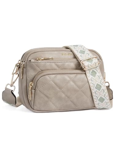 Telena Crossbody Bags for Women Small Crossbody Purses Quilted Vegan Leather with Guitar Strap Beige with Brown - Image 1