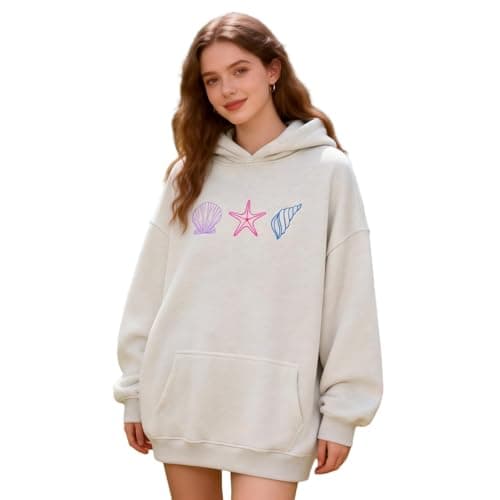 jnospne Cute Embroidered Hoodies for Teen Girls Women Y2k Graphic Oversized Sweatshirt Long Sleeve Aesthetic Preppy Clothes Beige - Image 1