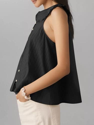 Womens Peter Pan Collar Sleeveless Shirt Summer Eyelet Cotton Button Down Tank Tops Casual Ruffle Flowy Blouse Vest Black - Thumbnail 3