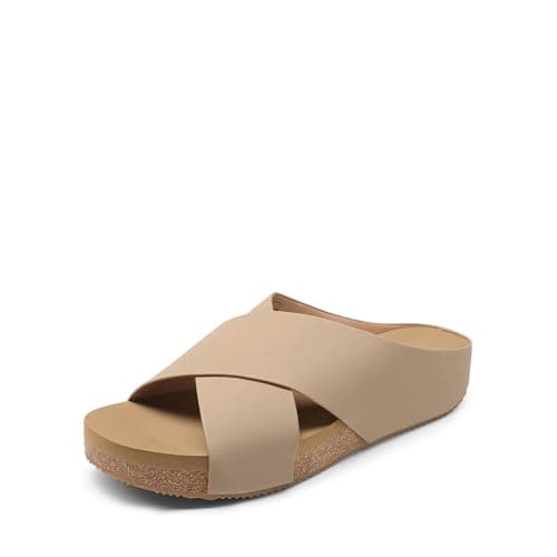 DREAM PAIRS Women's Cork Slide Sandals Slip On Open Toe Cute Platform Cross Flat Sandals For Summer,Size 6,Taupe-Nubuck,SDSS2218W - Image 1