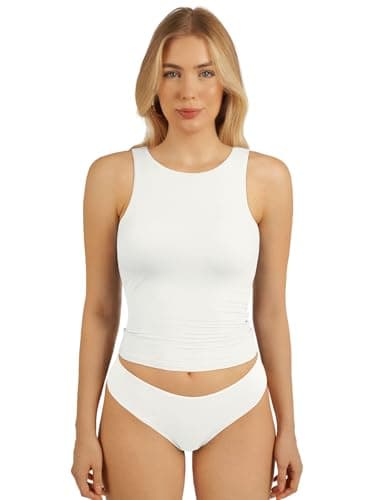 AFFOLE Women's High Neck Double Lined Tank Top Cute Summer Crop Tops Sleeveless Workout Tops White - Image 1