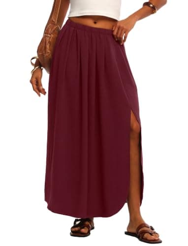 HiMONE Women Maxi Skirt with Side Slit Flowy A Line Elastic Waist Lightweight for Vacation Everyday Wear Wine Red - Image 1