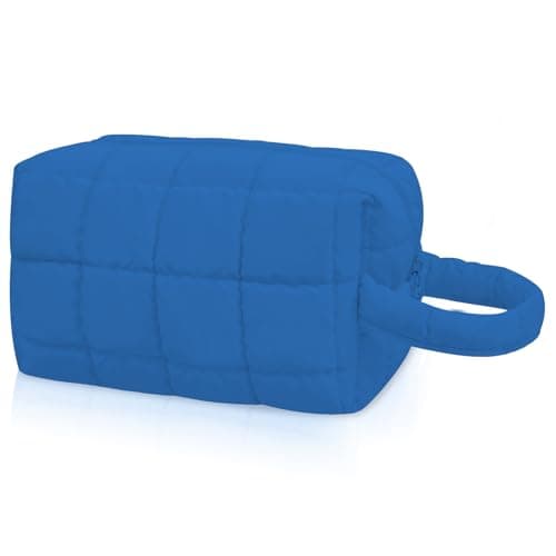 Gosect Quilted Cute Makeup Bag, Checkered Cosmetic Bags with Divider, Waterproof Travel Toiletry Bag, Puffy Make up Pouch for Women Travel Essentials (Handle, Dark Blue, Medium) - Image 1