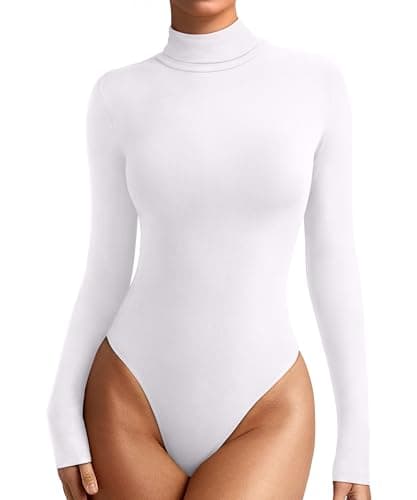 REORIA Womens Winter Turtleneck Long Sleeve Tight Shirts Going Out Basic Slim Fit Thong Body Suit Tops Fall Clothes Brilliant White X-Large - Image 1