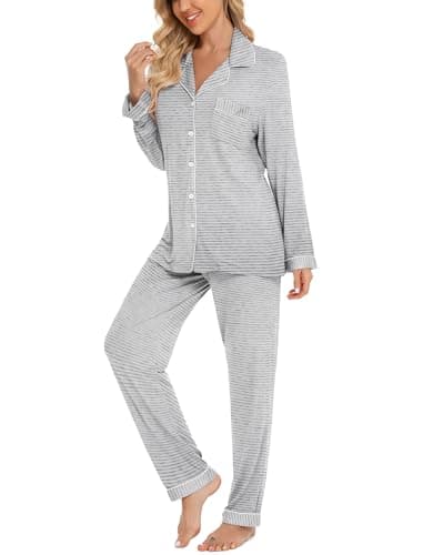 Leikar Button Up Pajama Set For Women Long Sleeve Striped Pajama Set Soft Pjs Lounge Sets M - Thumbnail 3