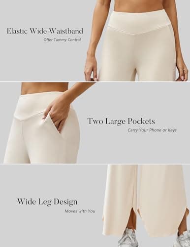 LOOKBOHO Women's Wide Leg Yoga Pants High Waisted Comfy Sweatpants Loose Casual Soft Lounge Dance Pant with Pockets Light Khaki L - Thumbnail 6