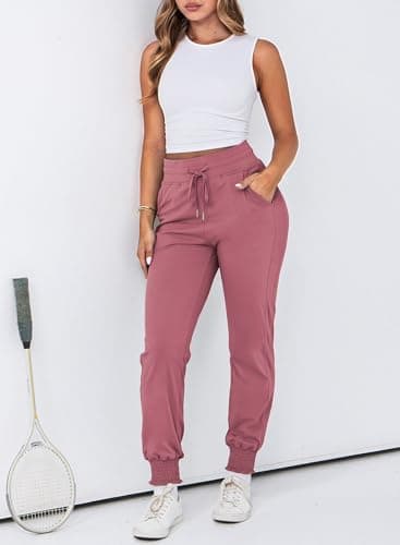 Dokotoo Womens Joggers Elasticity Workout Pant High Waisted Drawstring Dress Lounge Sweatpants Casual Athletic Spring Summer Outfits Trendy Women Pant with Side Pocket Fashion 2025 Pink Medium - Thumbnail 3