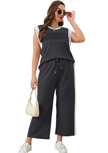 WIHOLL Workout Sets for Women Two Piece Outfits for Women Summer Travel Airport Cap Sleeve Tracksuit Workout Sets 2 Pc Lounge Sets Wide Leg Women's 2026 Spring Loungewear Casual Color Block Grey L - Thumbnail 3