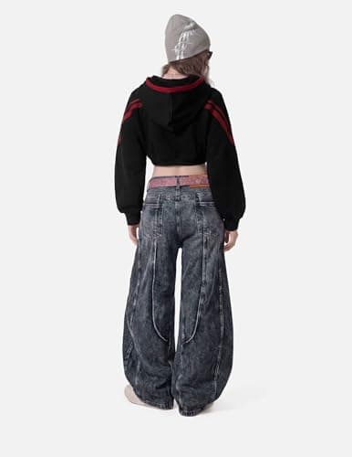 Aelfric Eden Cropped Contrast Stripe Zip Up Hoodie Y2K Long Sleeve Crop Sweatshirts Casual Hooded Jacket Black X-Small - Thumbnail 3
