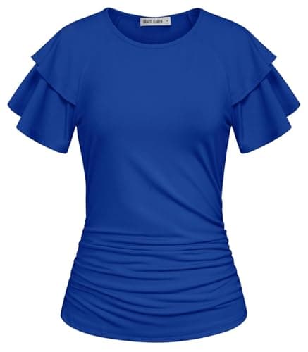 GRACE KARIN Summer Tops for Women Dressy Casual, Ruffle Short Sleeve Work Shirt, 2026 Spring Blouses Royal Blue Small - Image 1
