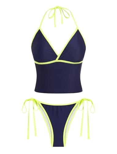 Jillumi Women's Halter Tankini Swimsuits V Neck Cute Tie Side Thong Bikini Swimsuits 2 Piece Bathing Suits Navy M - Image 1