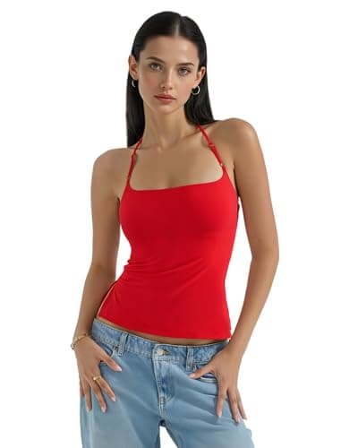 Women Halter Tank Tops Backless Sexy Summer Going Out Y2K Tops Sleeveless Double Line Camisole Crop Top Shirts(Red,Medium)