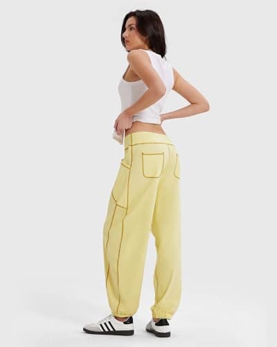 MOOSLOVER Women Baggy Jogger Pants Drawstring Mid Waist Athletic Casual Pant Comfy Cotton Lightweight Sweatpants(M,Yellow) - Thumbnail 5
