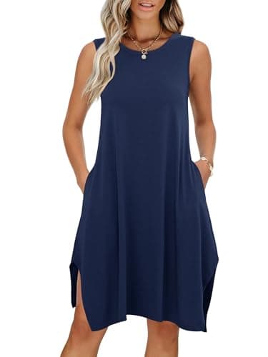 ANRABESS Womens Summer Casual Beach Cover Up Dress Sleeveless Asymmetric Hem Flowy Vacation Cruise Short Sundress Navy Blue Small - Image 1