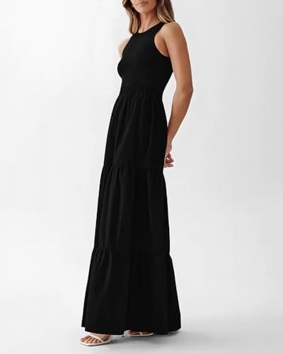 BTFBM Women Sleeveless Summer Dresses Wedding Guest Maxi Dresses Ribbed Knit Tops and Polyester Skirt with Pockets(Solid Black,Medium) - Thumbnail 6