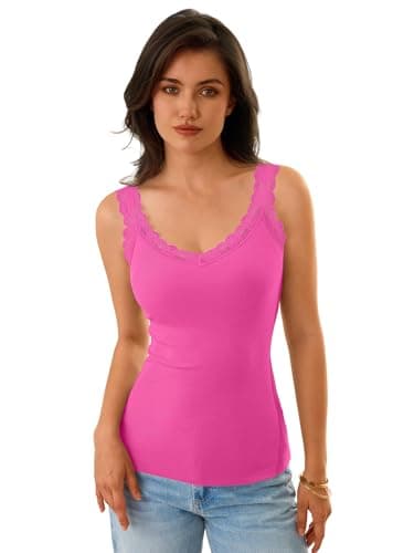 GKBK Camisole Tank Tops for Women Summer Casual Basic Tops Sleeveless Lace Tank Tops Cute V Neck Wide Strap Soft Ribbed Lace Trim Cami Undershirt Spring Clothes 2026 Summer Fashion Outfits Hot Pink - Thumbnail 2