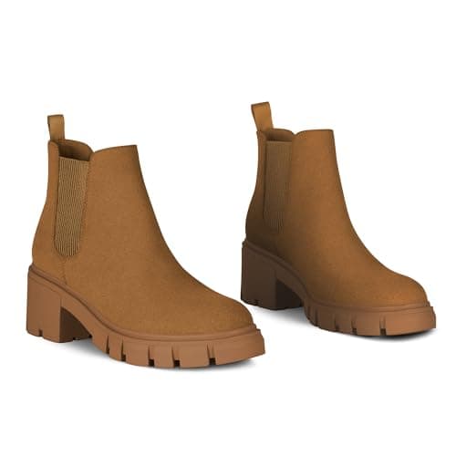 Athlefit Women's Chelsea Boots Fashion Lug Sole Chunky Heel Slip on Elastic Ankle Booties Brown Suede Size 10 - Thumbnail 5
