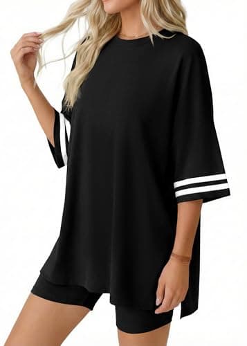 KIRUNDO Women's 2 Piece Lounge Set Airport Travel Outfit 2026 Summer Oversized Shirts Matching Biker Shorts Fashion Clothing(Black, X-Large) - Thumbnail 5