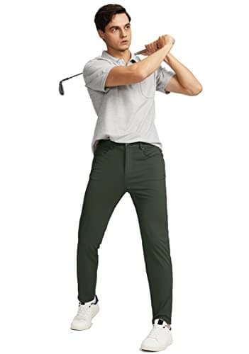 Men's Stretch Golf Pants with 6 Pockets Slim Fit Dress Pants for Men Travel Casual Work (Olive Green, M) - Thumbnail 5