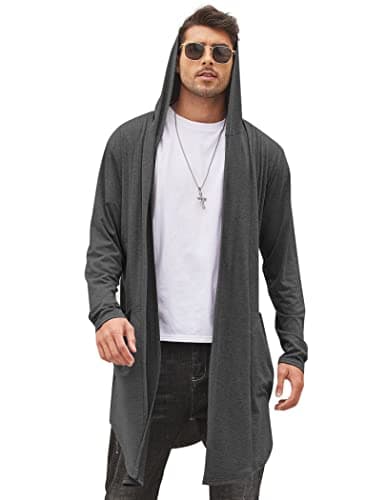COOFANDY Men's Long Hooded Cardigan Lightweight Shawl Collar Open Front Fashion Cape Cloak Dark Gray - Image 1