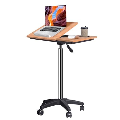 wishacc Rolling Desk Adjustable Height, Mobile Standing Desk on Wheels, Small Portable Sit Stand Laptop Cart, Wood Computer Desk with Cup Holder for Home Office (Extra Large) - Image 1