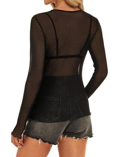 GKBK Womens Mesh Long Sleeve Tops Crew Neck Sexy See Through Tee Dressy Casual Shirts Party Club Night Lace Blouse Western Wear Outfit Clothes Going Out Clothing Black Polka Dot M - Thumbnail 3