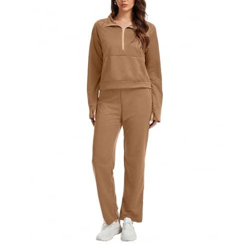 Anyshe Women's 2 Piece Sweatsuit Set Lounge Set Half Zip Sweatshirt with Kangaroo Pocket Thumb Holes Wide Leg Drawstring Pants Casual Tracksuit for Travel Daily Wear, Dark Khaki, Large - Image 1