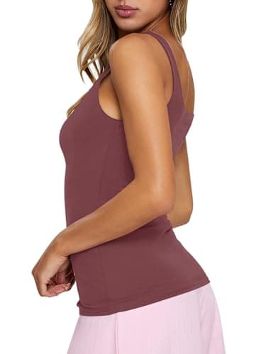 PINKMSTYLE Square Neck Workout Tank Tops for Women Summer Double Layer Slim Sleeveless Top Dark Purple Large - Thumbnail 3