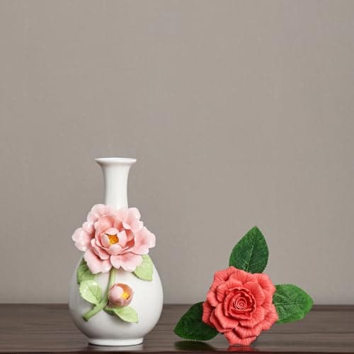 Handmade Pinched Flowers Ceramic Vase with One Ceramic Rose Flower, Home Decor Ceramic Vase for Dining Table, Living Room, Kitchen, Bedroom, Shelf, Office, Coffee Table, Restaurant & Fireplace Mantel