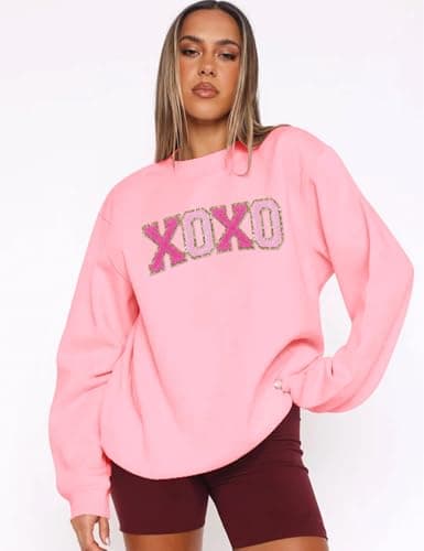 LETSEE Valentine Sweatshirt for Women Glitter Patch Lover Letter Pullover Tops Chenille Patch Oversized Clothes(Pink, Small) - Thumbnail 2