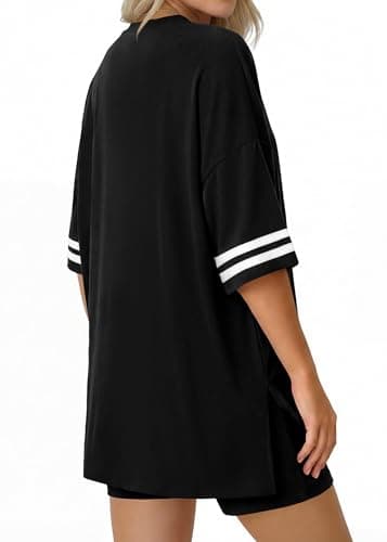 KIRUNDO Women's 2 Piece Lounge Set Airport Travel Outfit 2026 Summer Oversized Shirts Matching Biker Shorts Fashion Clothing(Black, X-Large) - Thumbnail 3