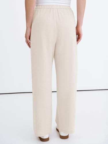 ANRABESS Womens Casual Pants 2026 Summer Loose Fit Lounge Pants with Pockets High Waisted Elastic Waist Straight Leg Trousers Beige S - Thumbnail 4