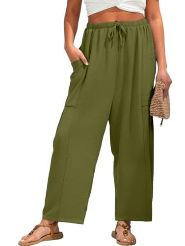 FREEOAK Womens Wide Leg Palazzo Harem Pants Boho Pant Flowy Spring Summer 2026 Beach Vacation Casual Trousers with Pockets Size Medium A - Army Green - Image 1