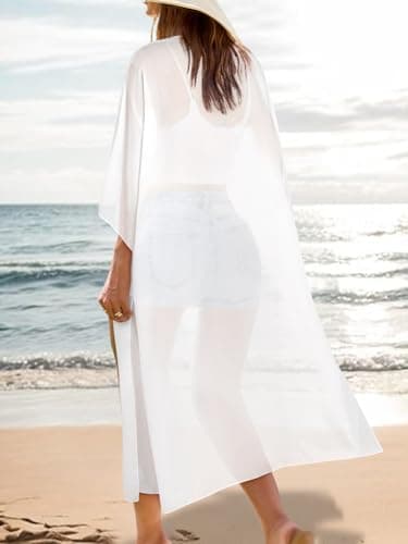 Women's Boho Long Kimono Cardigan Dusters Summer Lightweight Chiffon Sheer Beach Swimsuit Swimwear Bathing Suit Bikini Cover Ups Coverup Plus Size Resort Wear Solid Color White Large - Thumbnail 5