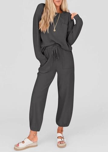 KIRUNDO Lounge Sets for Women 2026 Fall Airport Travel Outfits Ribbed Knit Tops Jogger Pants Tracksuit Postpartum Comfy Set(Dark Grey, Small) - Thumbnail 3