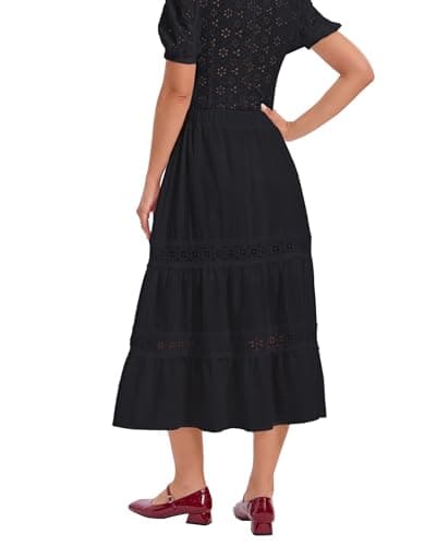 Ystguic Women's Casual Summer Spring Boho Lightweight Tiered Midi Cotton Skirt Ladies Eyelet Lace Embroidery Ruffle High Empire Waist Elasticated A Line Flowy Beach Skirts X-Large Black YG055 XL - Thumbnail 4