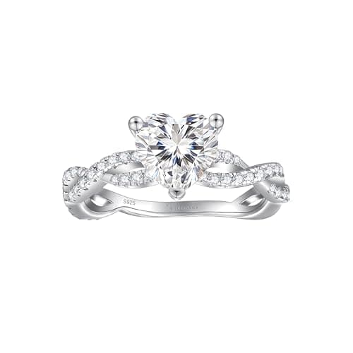 SILVERNANA 2ct Heart Moissanite Engagement Ring for Women 925 Sterling Silver Twisted Vine Pave Band Heart Solitaire Promise Ring for Her Size 4