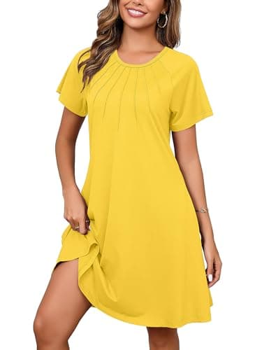 Heymoments Women's Short Sleeve Dress Yellow Small Round Neck Casual Flowy Midi Sundress Comfy Tshirt Ladies Teachers Summer Beach Swing 2025 Novelty Dresses with Pockets - Image 1