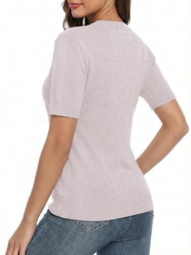 LaGracia Short Sleeve Sweater for Women Wool Blend Crewneck Business Casual Pullover Lightweight Sweaters Apricot S - Thumbnail 5